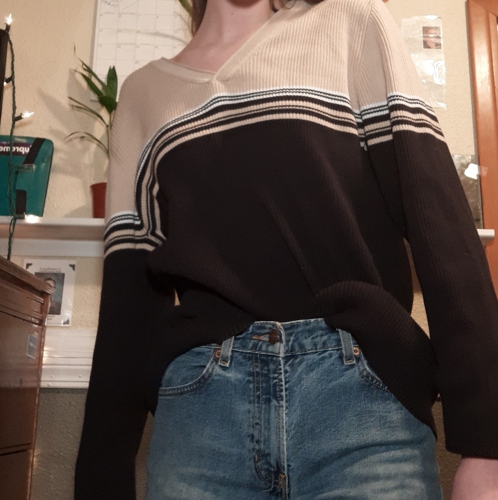 Vintage black, tan, white striped sweater.